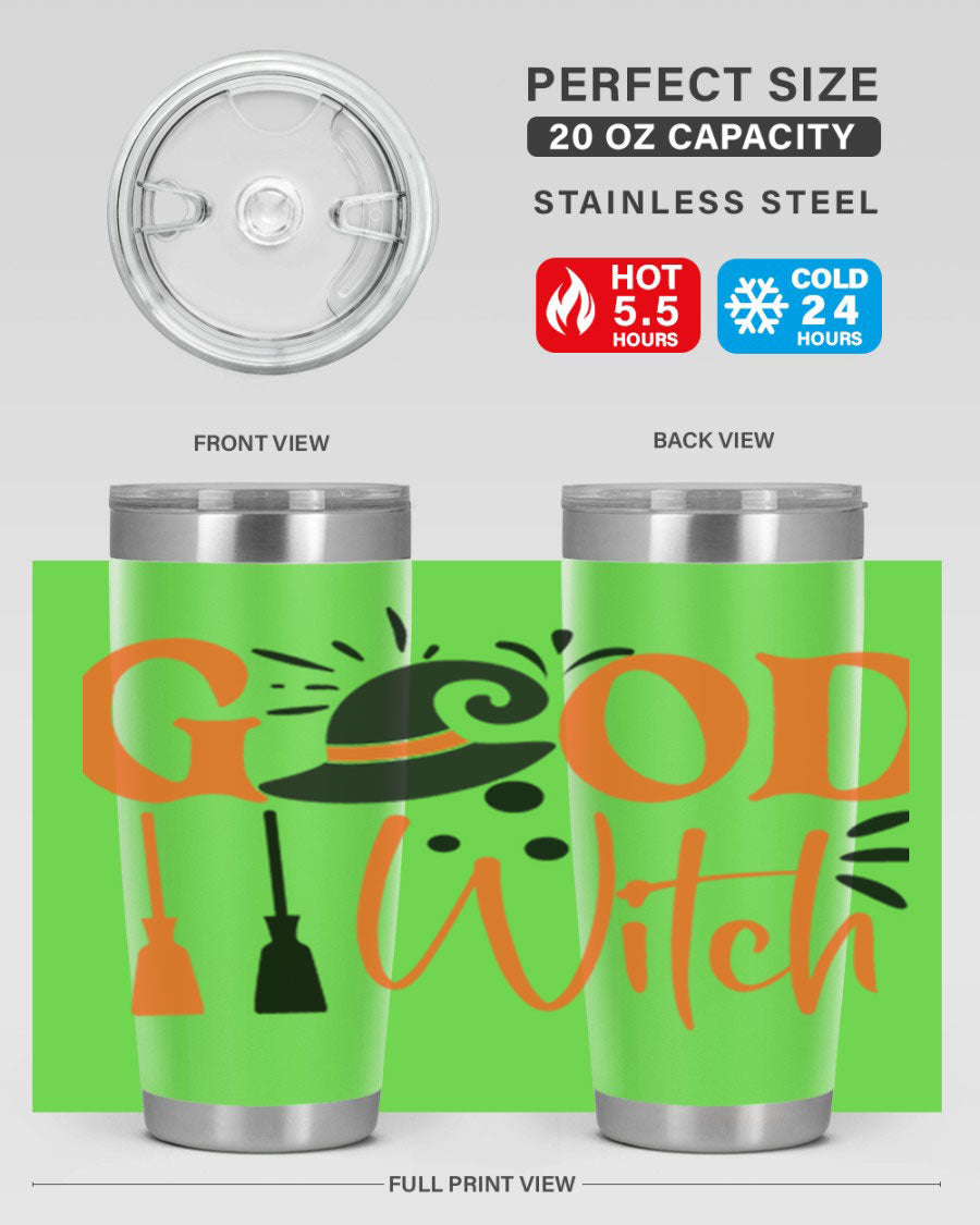 Good Witch 112# Halloween Tumbler, 20oz double wall vacuum stainless steel with a whimsical design, perfect for hot and cold beverages.