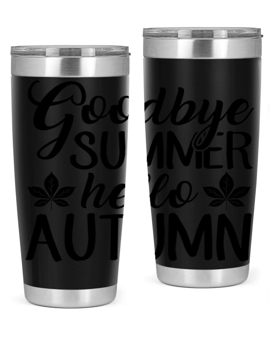 Goodbye Summer Hello Autumn tumbler in 20oz and 30oz sizes, featuring a stylish autumn-themed design and stainless steel construction.
