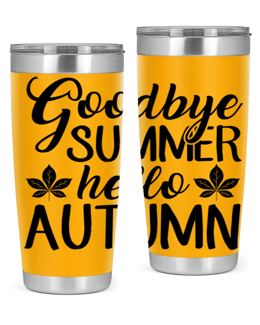 Goodbye Summer Hello Autumn tumbler in 20oz and 30oz sizes, featuring a stylish autumn-themed design and stainless steel construction.