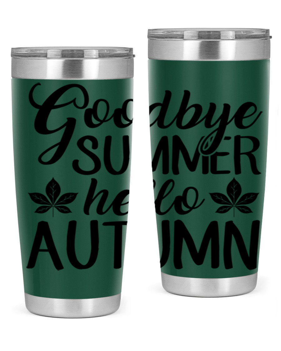 Goodbye Summer Hello Autumn tumbler in 20oz and 30oz sizes, featuring a stylish autumn-themed design and stainless steel construction.