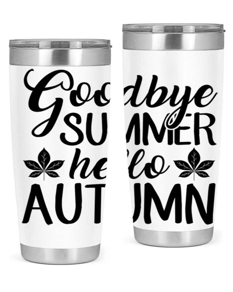 Goodbye Summer Hello Autumn tumbler in 20oz and 30oz sizes, featuring a stylish autumn-themed design and stainless steel construction.