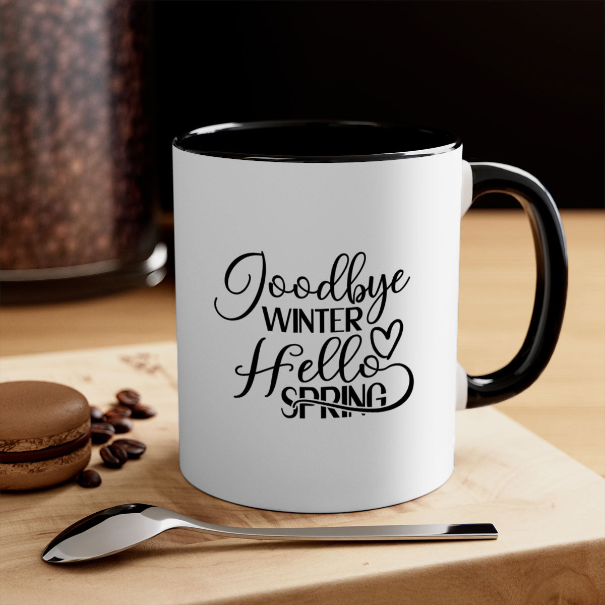 Goodbye Winter Hello Spring Mug with colorful handle and glossy finish, available in multiple colors and sizes.