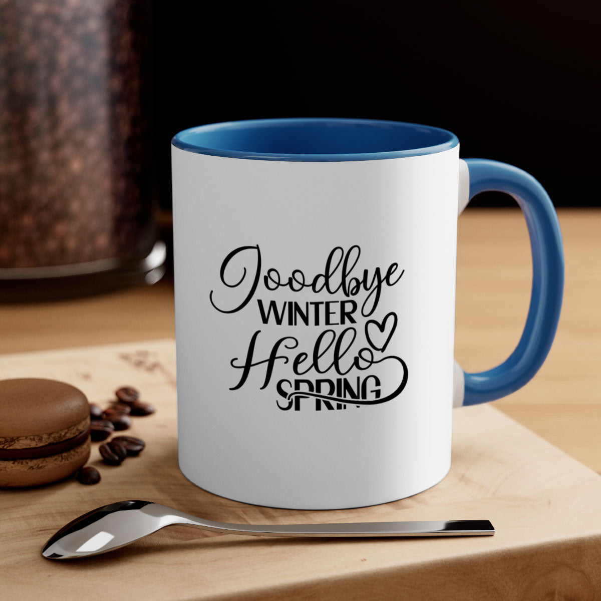 Goodbye Winter Hello Spring Mug with colorful handle and glossy finish, available in multiple colors and sizes.