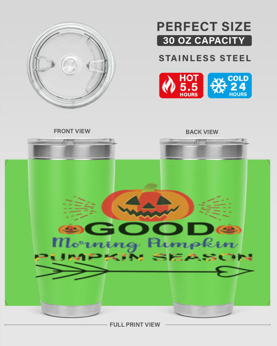 Goodmorningpumpkinpumpkinseason 210# Tumbler in vibrant fall colors, showcasing its double wall vacuum stainless steel design.