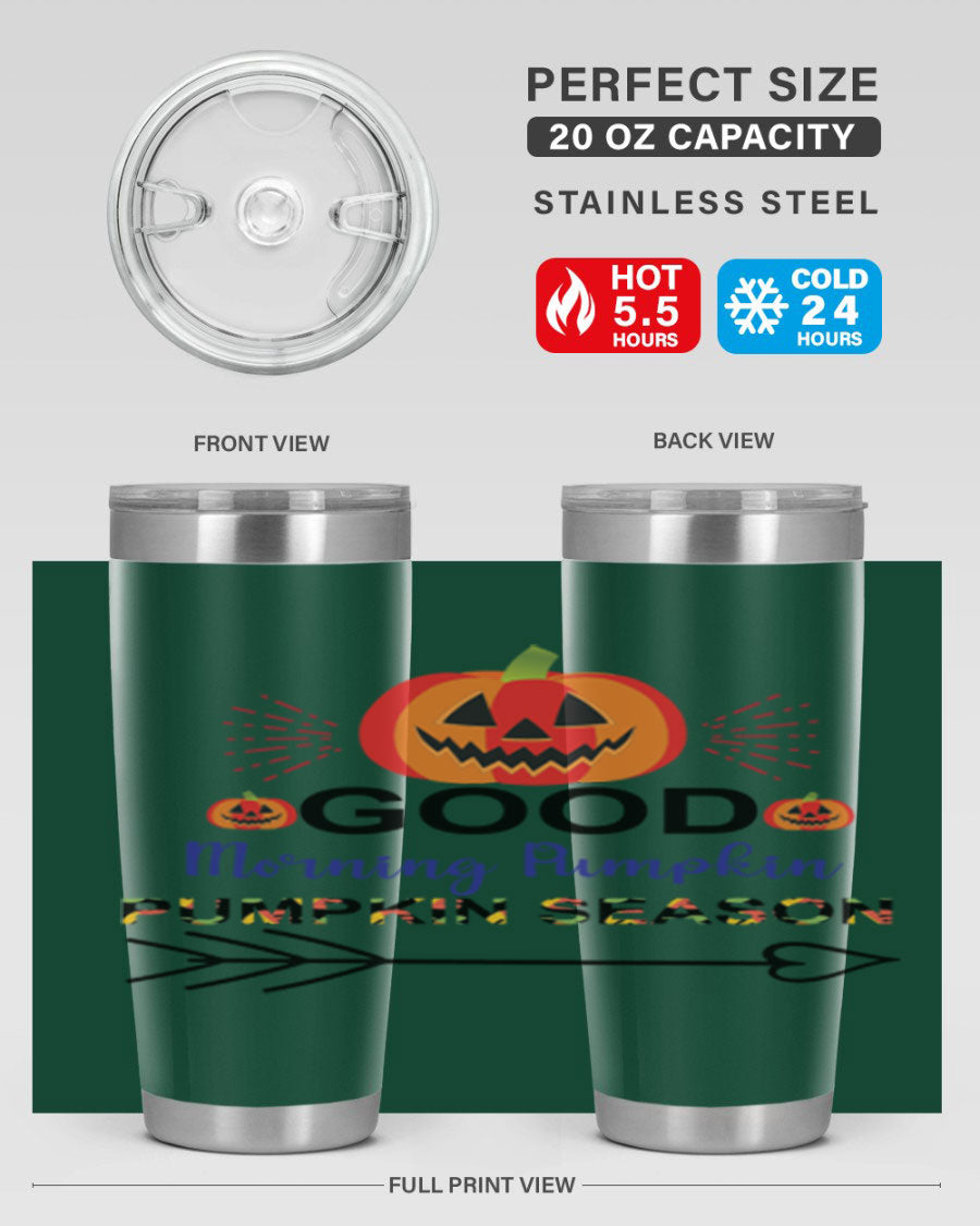 Goodmorningpumpkinpumpkinseason 210# Tumbler in vibrant fall colors, showcasing its double wall vacuum stainless steel design.