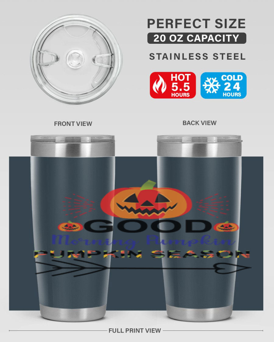 Goodmorningpumpkinpumpkinseason 210# Tumbler in vibrant fall colors, showcasing its double wall vacuum stainless steel design.
