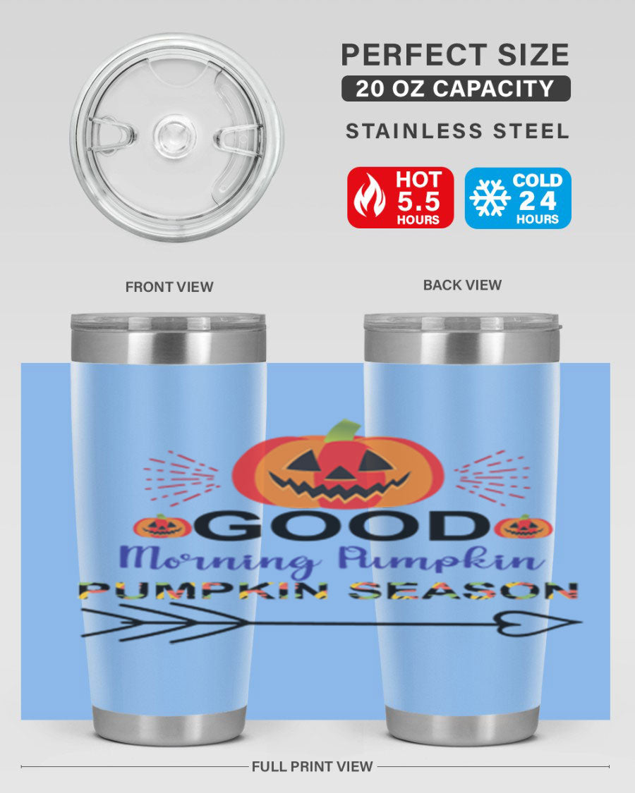 Goodmorningpumpkinpumpkinseason 210# Tumbler in vibrant fall colors, showcasing its double wall vacuum stainless steel design.