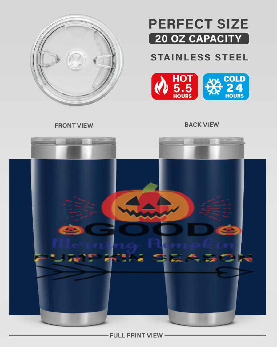 Goodmorningpumpkinpumpkinseason 210# Tumbler in vibrant fall colors, showcasing its double wall vacuum stainless steel design.