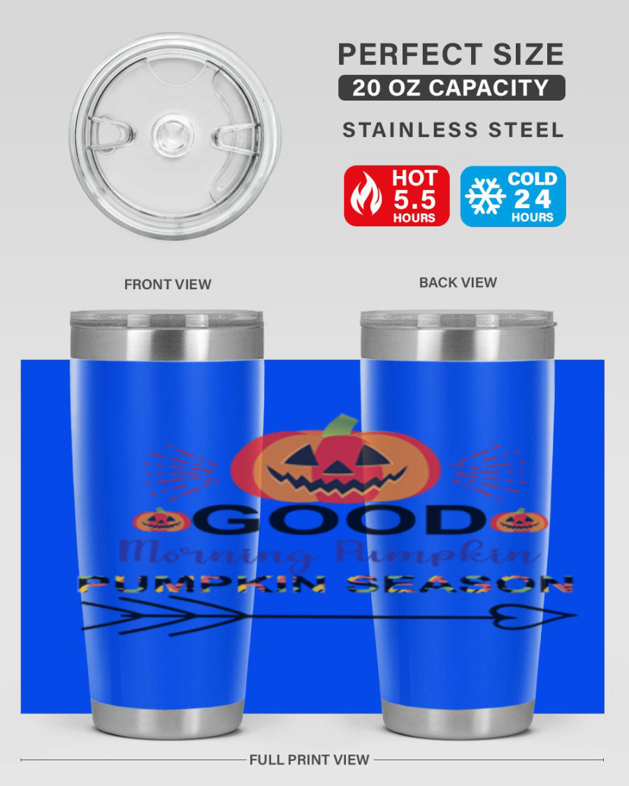 Goodmorningpumpkinpumpkinseason 210# Tumbler in vibrant fall colors, showcasing its double wall vacuum stainless steel design.