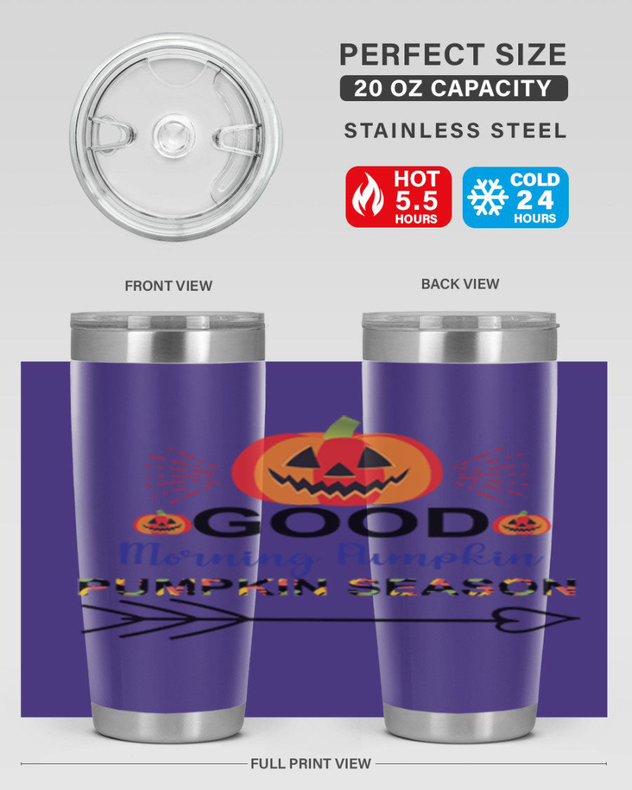 Goodmorningpumpkinpumpkinseason 210# Tumbler in vibrant fall colors, showcasing its double wall vacuum stainless steel design.