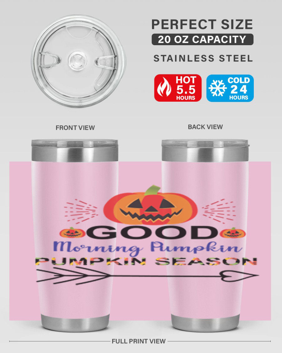 Goodmorningpumpkinpumpkinseason 210# Tumbler in vibrant fall colors, showcasing its double wall vacuum stainless steel design.