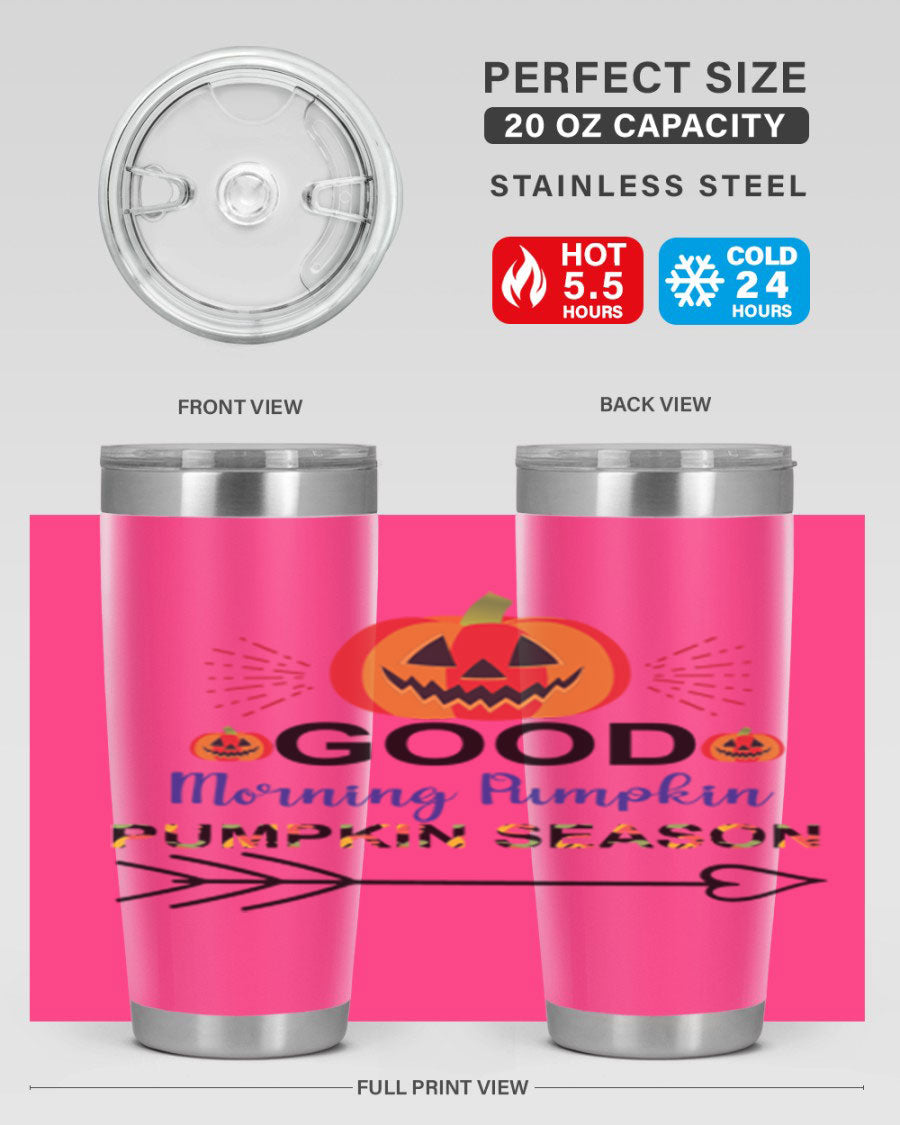 Goodmorningpumpkinpumpkinseason 210# Tumbler in vibrant fall colors, showcasing its double wall vacuum stainless steel design.