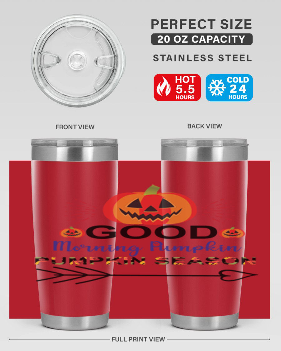 Goodmorningpumpkinpumpkinseason 210# Tumbler in vibrant fall colors, showcasing its double wall vacuum stainless steel design.