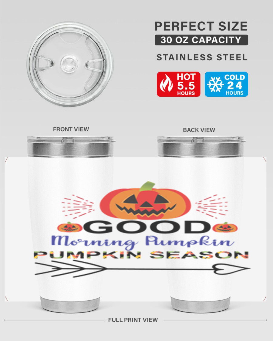 Goodmorningpumpkinpumpkinseason 210# Tumbler in vibrant fall colors, showcasing its double wall vacuum stainless steel design.