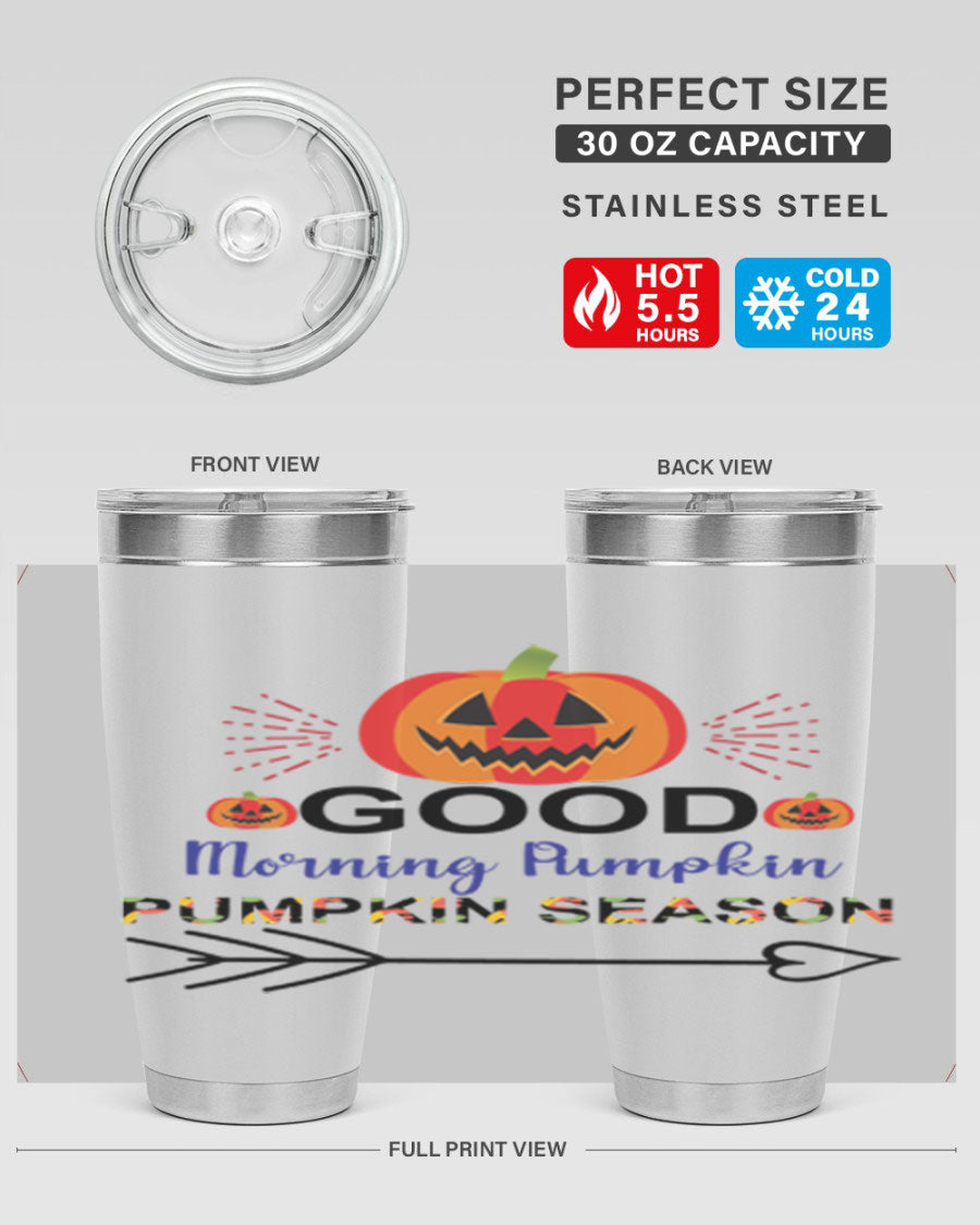 Goodmorningpumpkinpumpkinseason 210# Tumbler in vibrant fall colors, showcasing its double wall vacuum stainless steel design.
