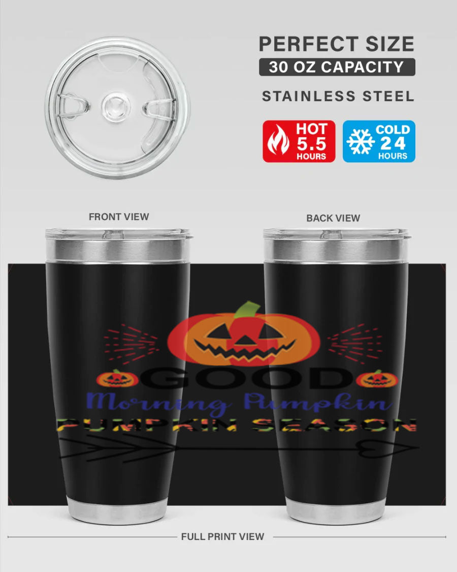 Goodmorningpumpkinpumpkinseason 210# Tumbler in vibrant fall colors, showcasing its double wall vacuum stainless steel design.