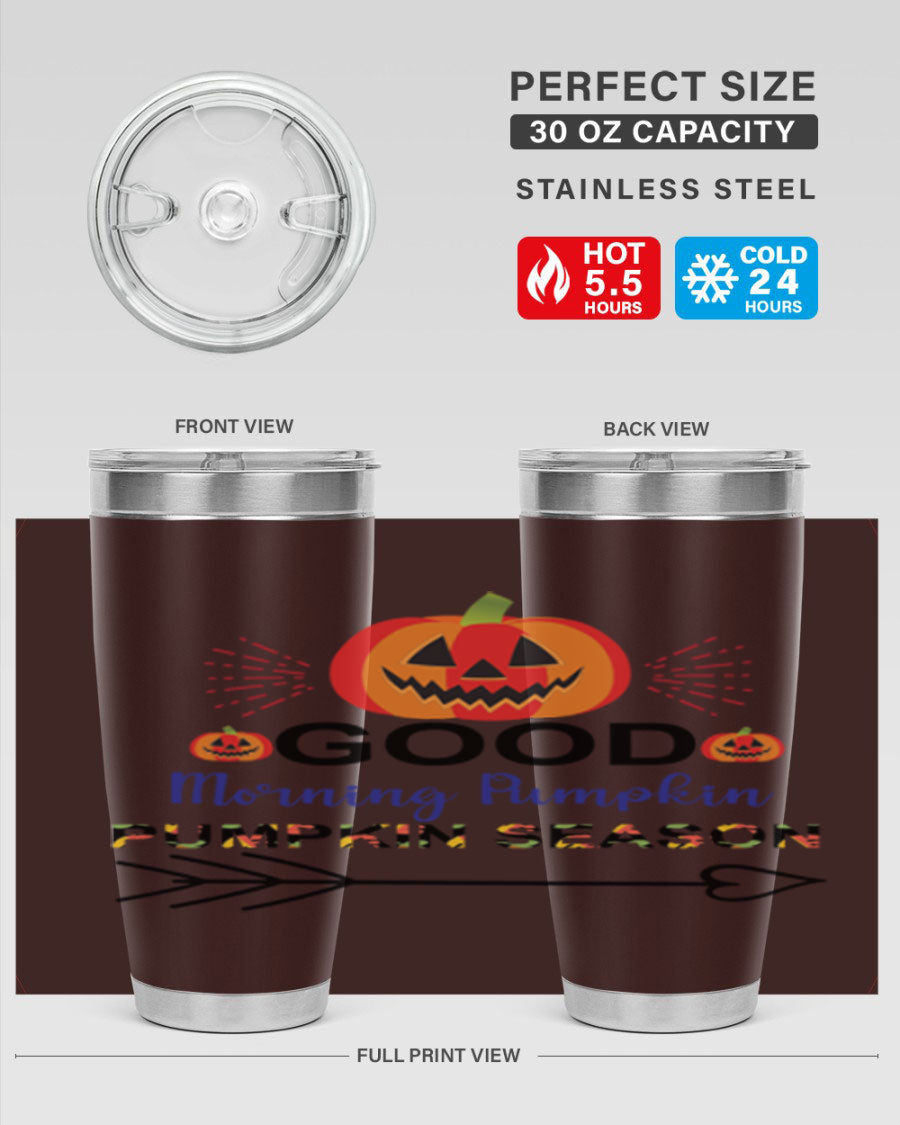 Goodmorningpumpkinpumpkinseason 210# Tumbler in vibrant fall colors, showcasing its double wall vacuum stainless steel design.