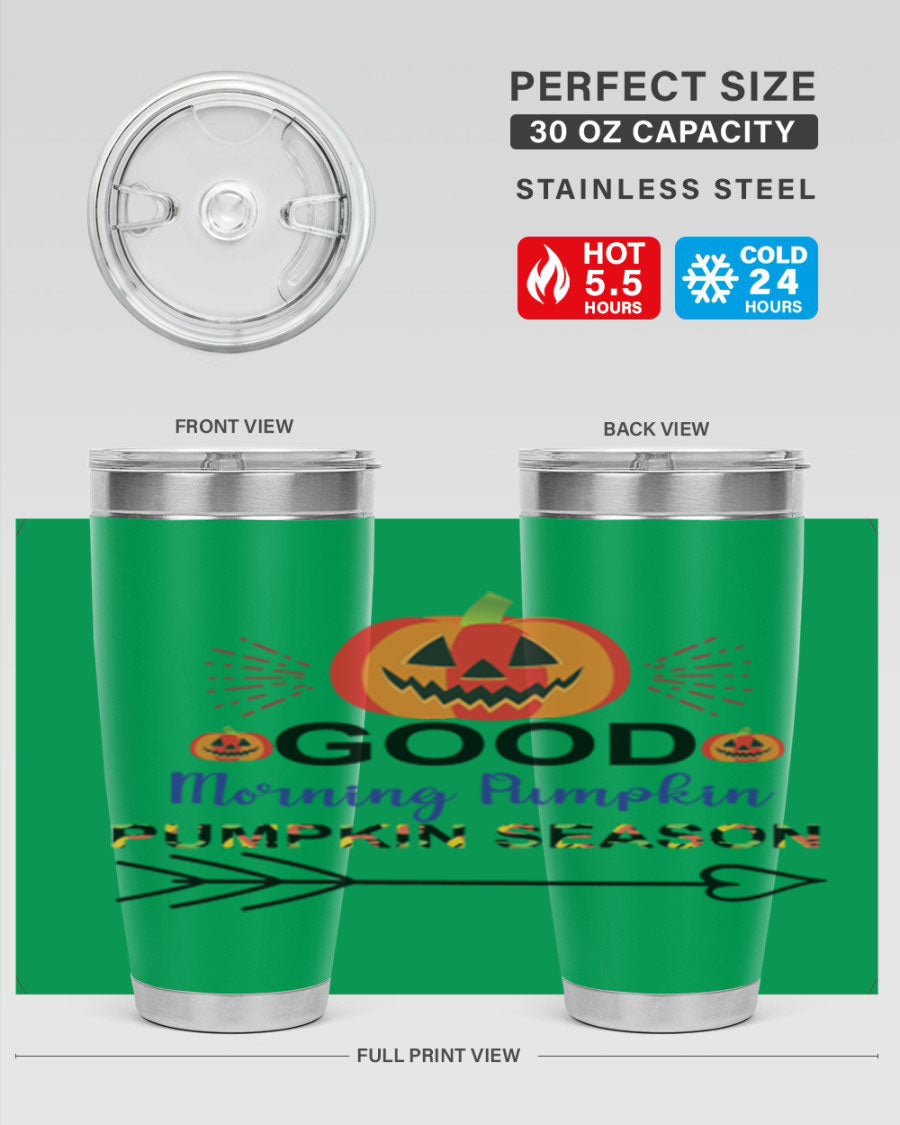 Goodmorningpumpkinpumpkinseason 210# Tumbler in vibrant fall colors, showcasing its double wall vacuum stainless steel design.