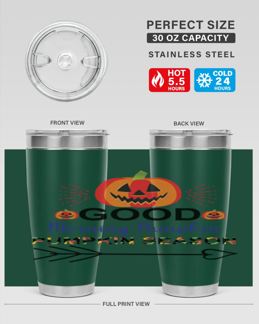 Goodmorningpumpkinpumpkinseason 210# Tumbler in vibrant fall colors, showcasing its double wall vacuum stainless steel design.