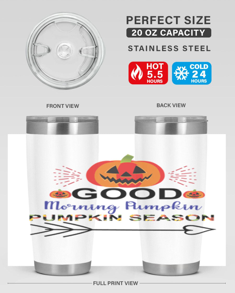 Goodmorningpumpkinpumpkinseason 210# Tumbler in vibrant fall colors, showcasing its double wall vacuum stainless steel design.