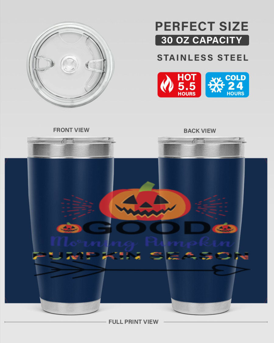 Goodmorningpumpkinpumpkinseason 210# Tumbler in vibrant fall colors, showcasing its double wall vacuum stainless steel design.