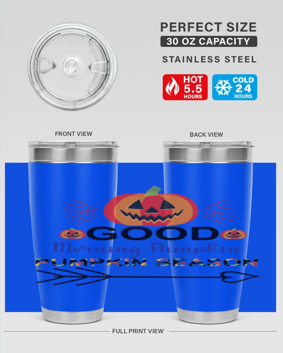 Goodmorningpumpkinpumpkinseason 210# Tumbler in vibrant fall colors, showcasing its double wall vacuum stainless steel design.