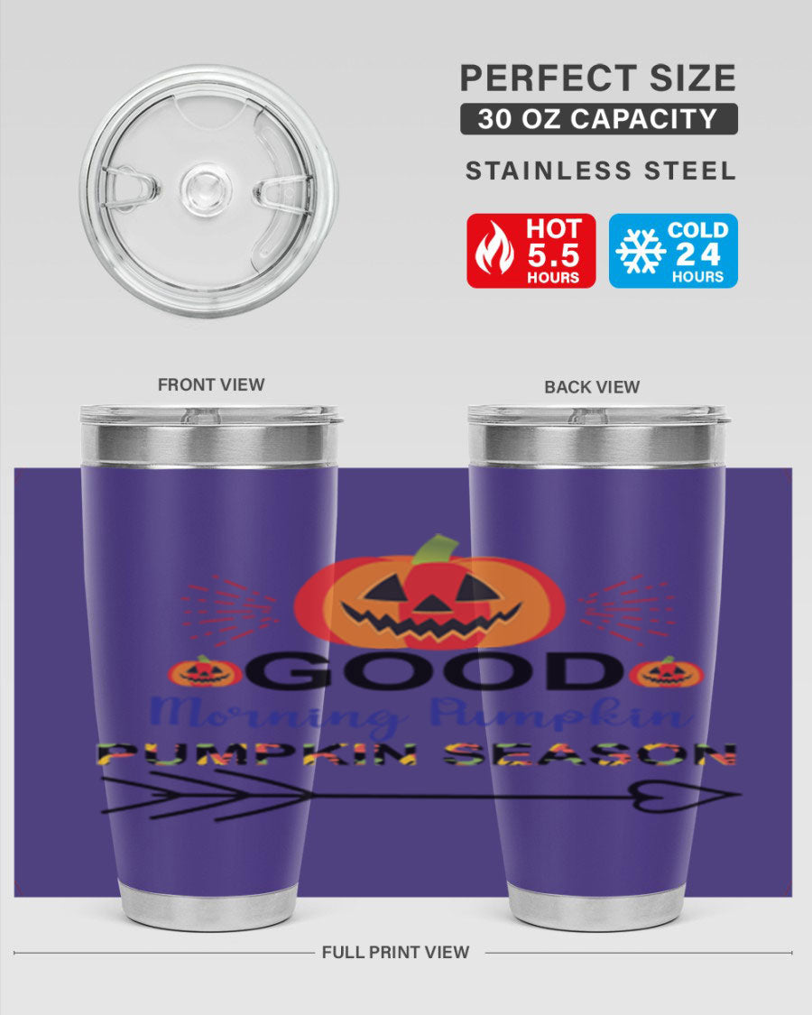 Goodmorningpumpkinpumpkinseason 210# Tumbler in vibrant fall colors, showcasing its double wall vacuum stainless steel design.