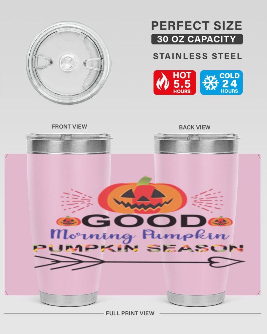 Goodmorningpumpkinpumpkinseason 210# Tumbler in vibrant fall colors, showcasing its double wall vacuum stainless steel design.