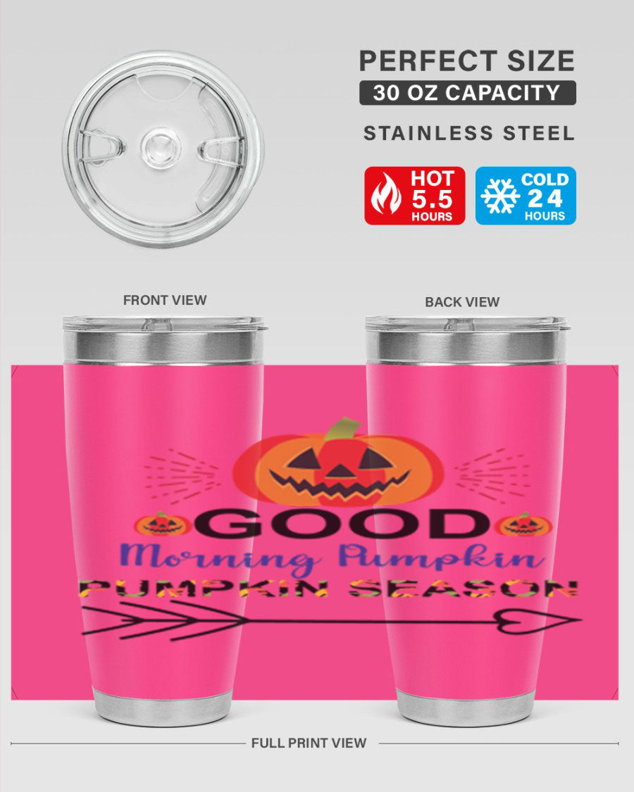 Goodmorningpumpkinpumpkinseason 210# Tumbler in vibrant fall colors, showcasing its double wall vacuum stainless steel design.