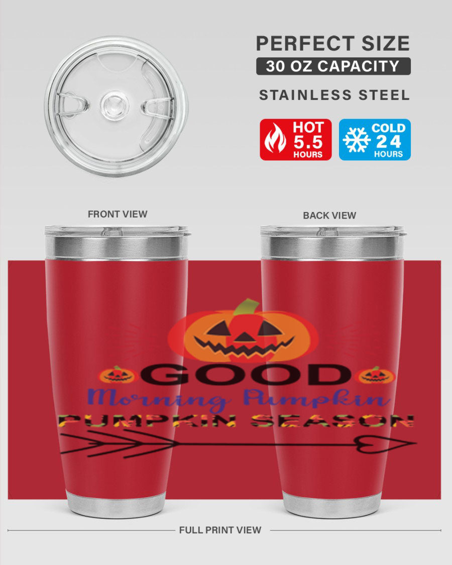 Goodmorningpumpkinpumpkinseason 210# Tumbler in vibrant fall colors, showcasing its double wall vacuum stainless steel design.