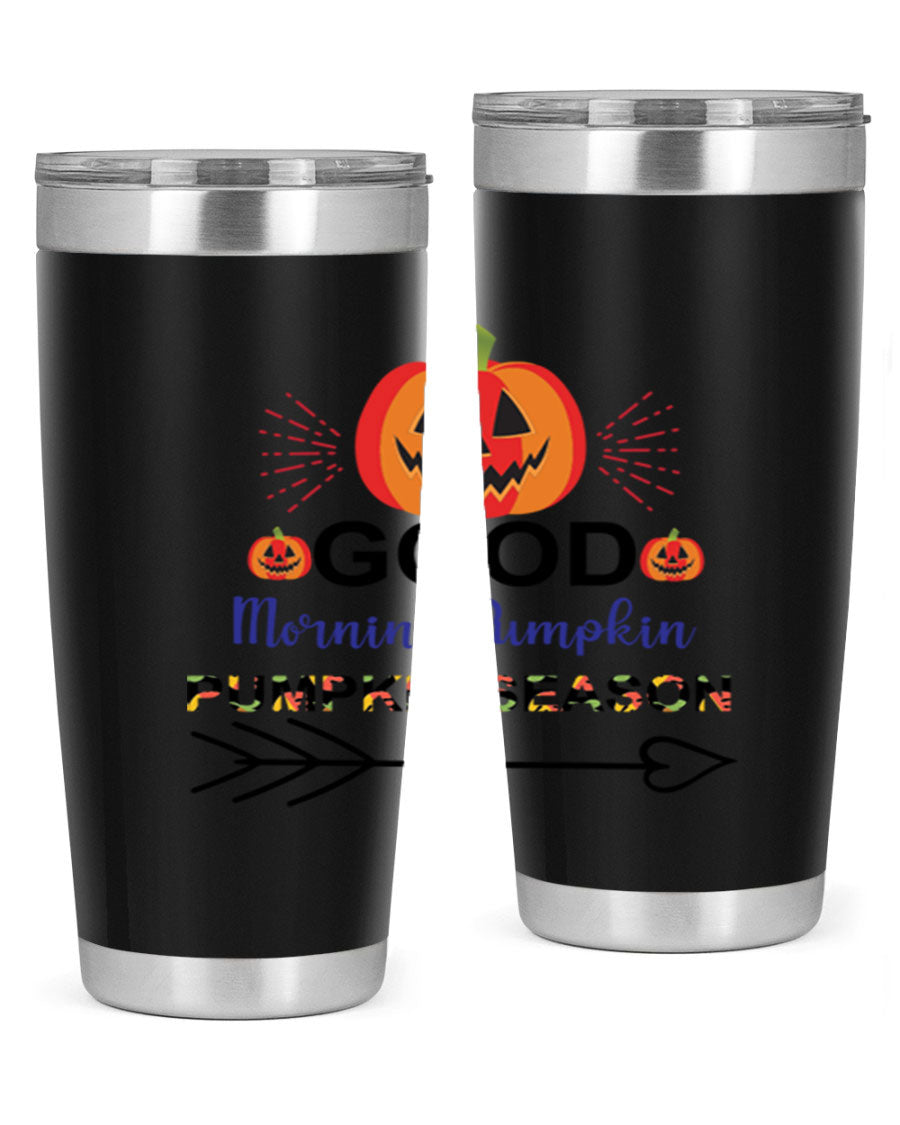 Goodmorningpumpkinpumpkinseason 210# Tumbler in vibrant fall colors, showcasing its double wall vacuum stainless steel design.