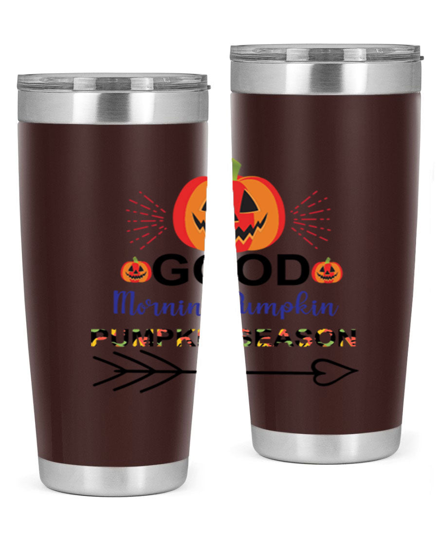 Goodmorningpumpkinpumpkinseason 210# Tumbler in vibrant fall colors, showcasing its double wall vacuum stainless steel design.
