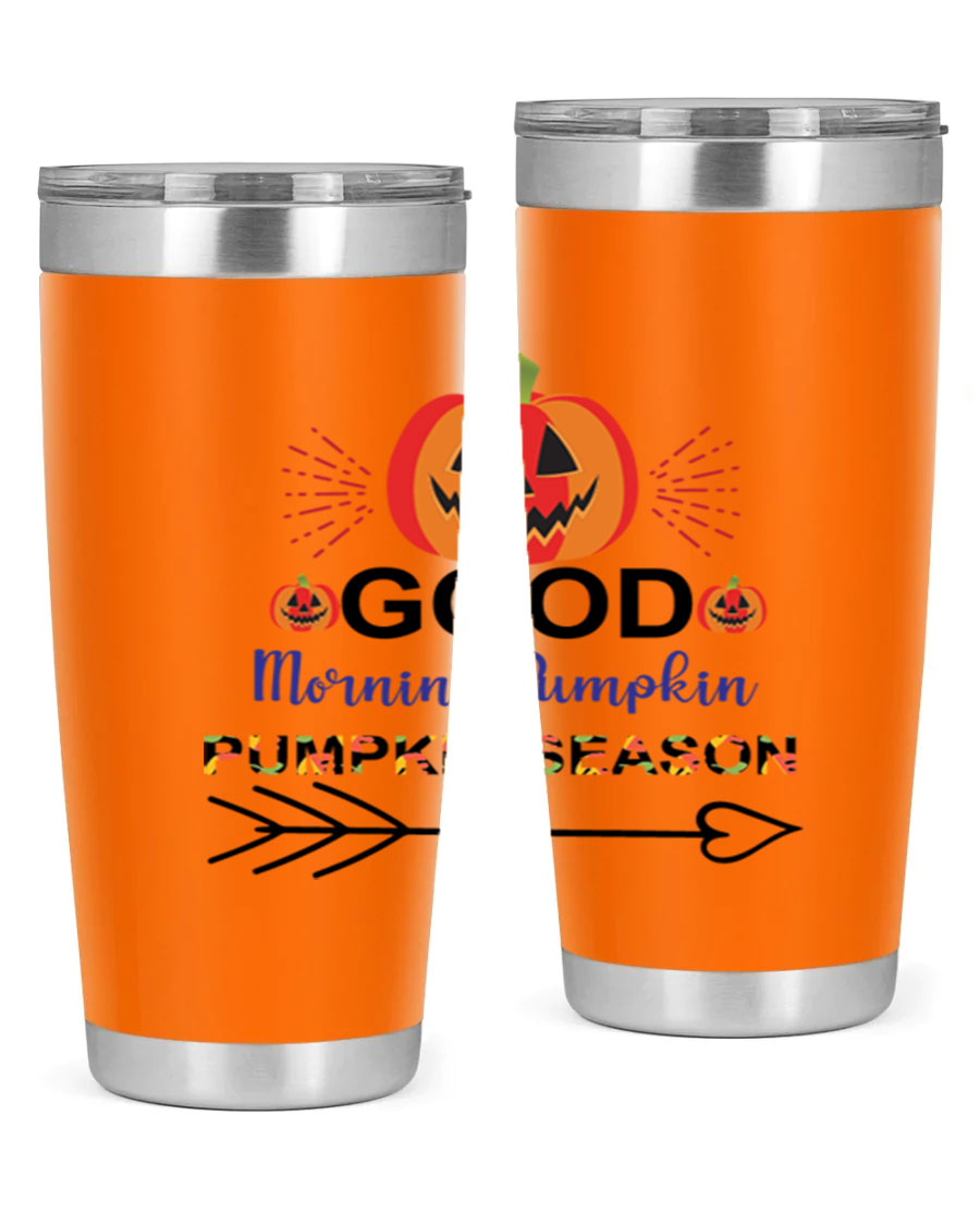 Goodmorningpumpkinpumpkinseason 210# Tumbler in vibrant fall colors, showcasing its double wall vacuum stainless steel design.