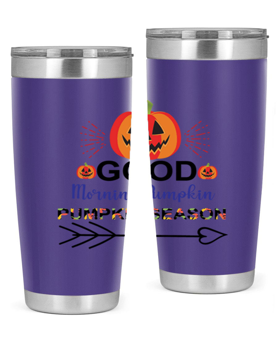 Goodmorningpumpkinpumpkinseason 210# Tumbler in vibrant fall colors, showcasing its double wall vacuum stainless steel design.