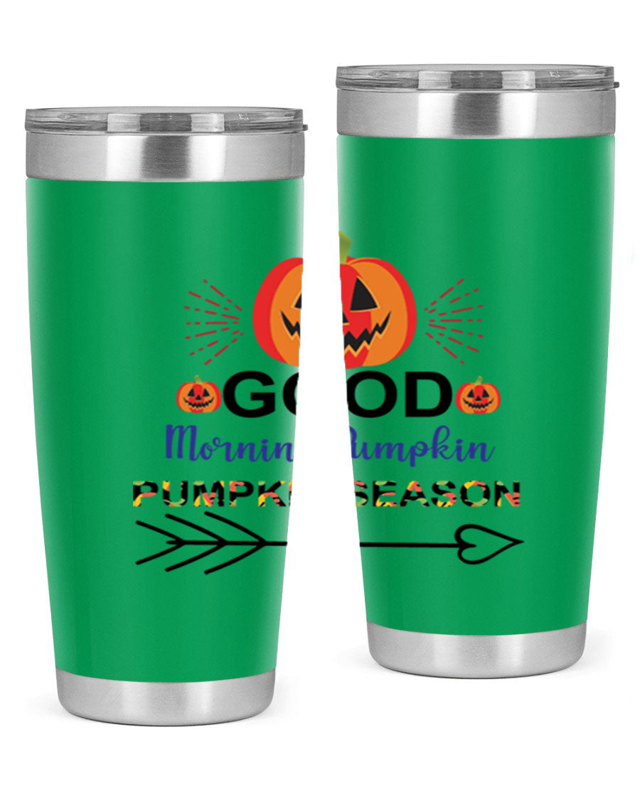 Goodmorningpumpkinpumpkinseason 210# Tumbler in vibrant fall colors, showcasing its double wall vacuum stainless steel design.