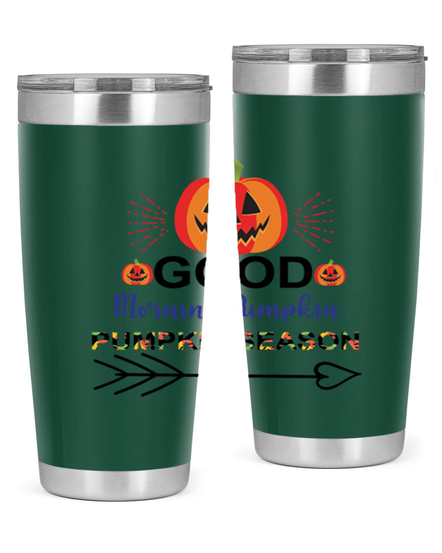 Goodmorningpumpkinpumpkinseason 210# Tumbler in vibrant fall colors, showcasing its double wall vacuum stainless steel design.