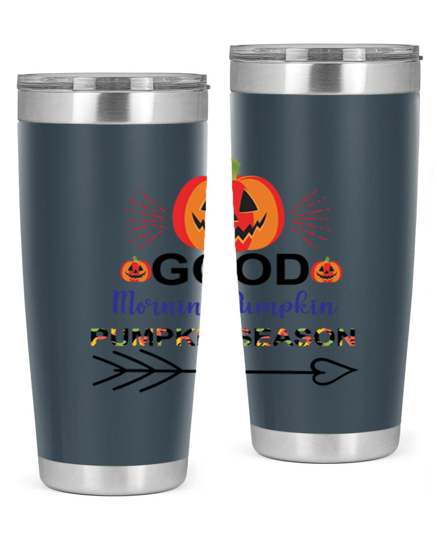 Goodmorningpumpkinpumpkinseason 210# Tumbler in vibrant fall colors, showcasing its double wall vacuum stainless steel design.