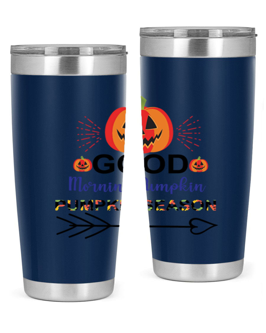 Goodmorningpumpkinpumpkinseason 210# Tumbler in vibrant fall colors, showcasing its double wall vacuum stainless steel design.