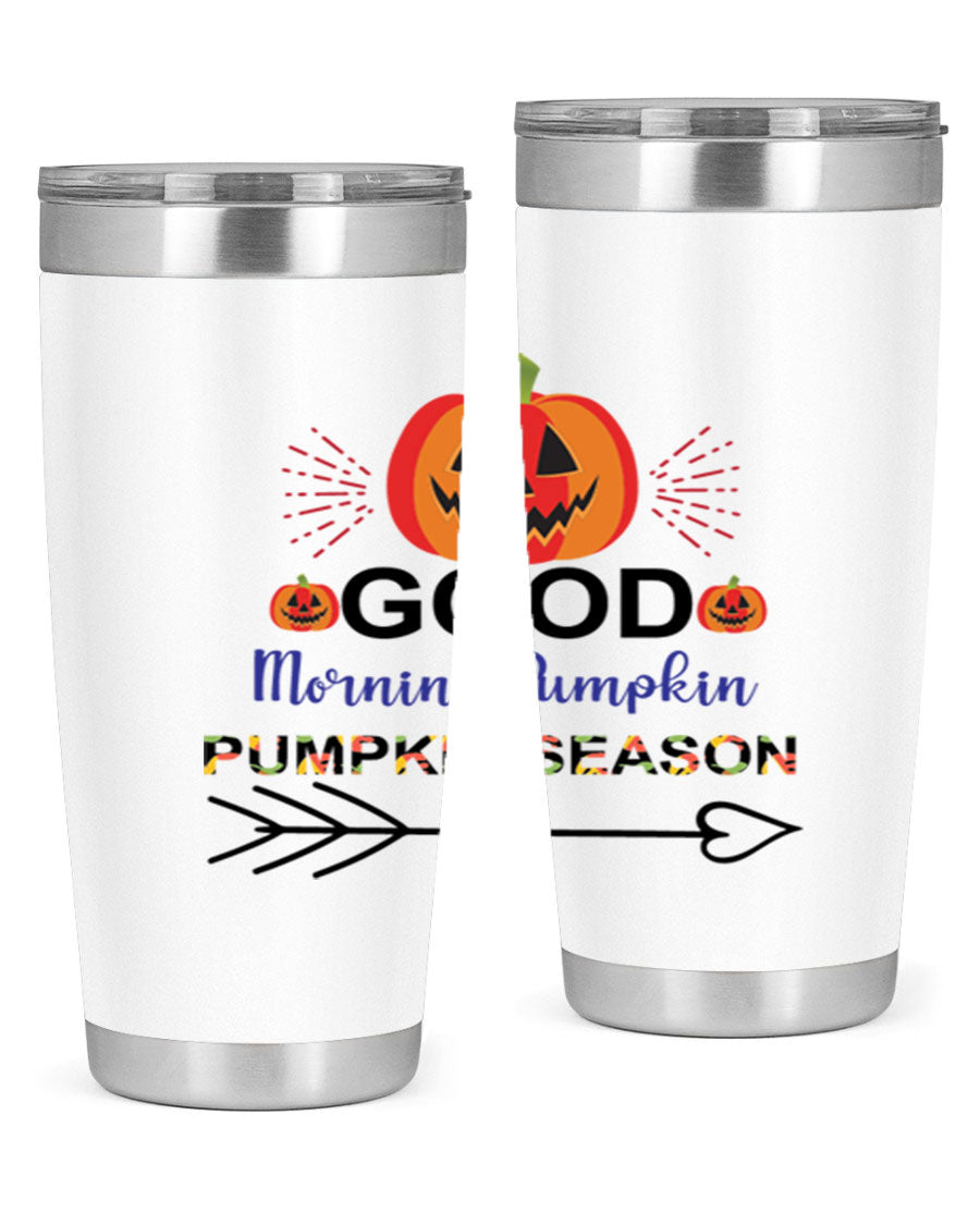 Goodmorningpumpkinpumpkinseason 210# Tumbler in vibrant fall colors, showcasing its double wall vacuum stainless steel design.