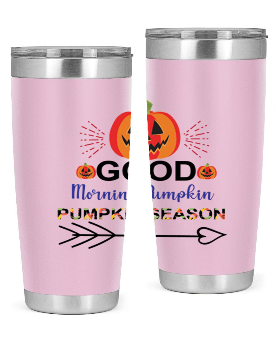 Goodmorningpumpkinpumpkinseason 210# Tumbler in vibrant fall colors, showcasing its double wall vacuum stainless steel design.