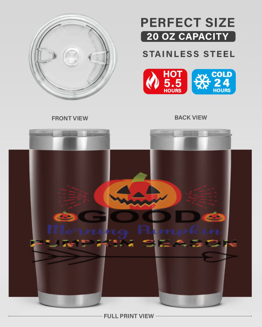 Goodmorningpumpkinpumpkinseason 210# Tumbler in vibrant fall colors, showcasing its double wall vacuum stainless steel design.