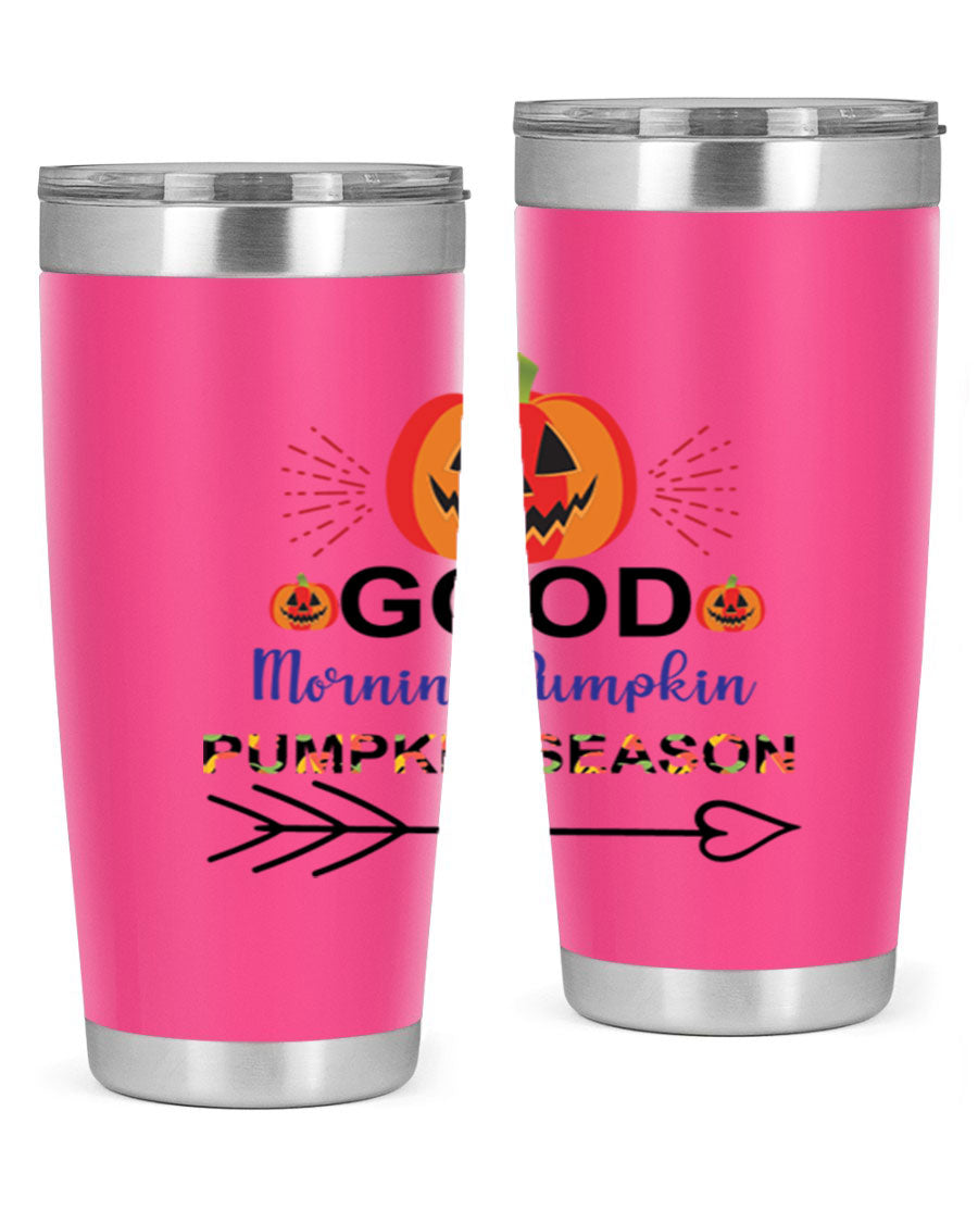 Goodmorningpumpkinpumpkinseason 210# Tumbler in vibrant fall colors, showcasing its double wall vacuum stainless steel design.