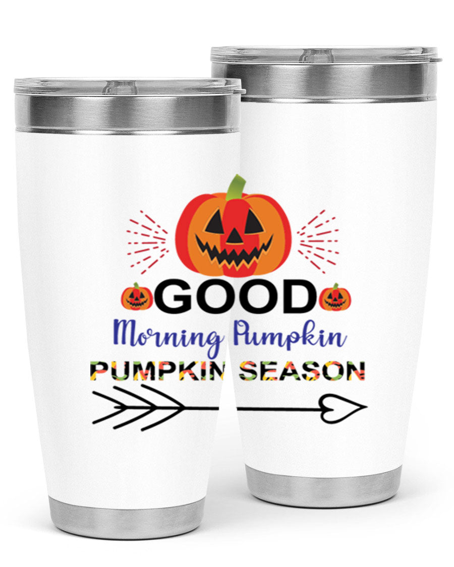 Goodmorningpumpkinpumpkinseason 210# Tumbler in vibrant fall colors, showcasing its double wall vacuum stainless steel design.