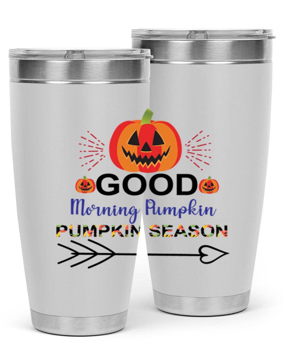 Goodmorningpumpkinpumpkinseason 210# Tumbler in vibrant fall colors, showcasing its double wall vacuum stainless steel design.