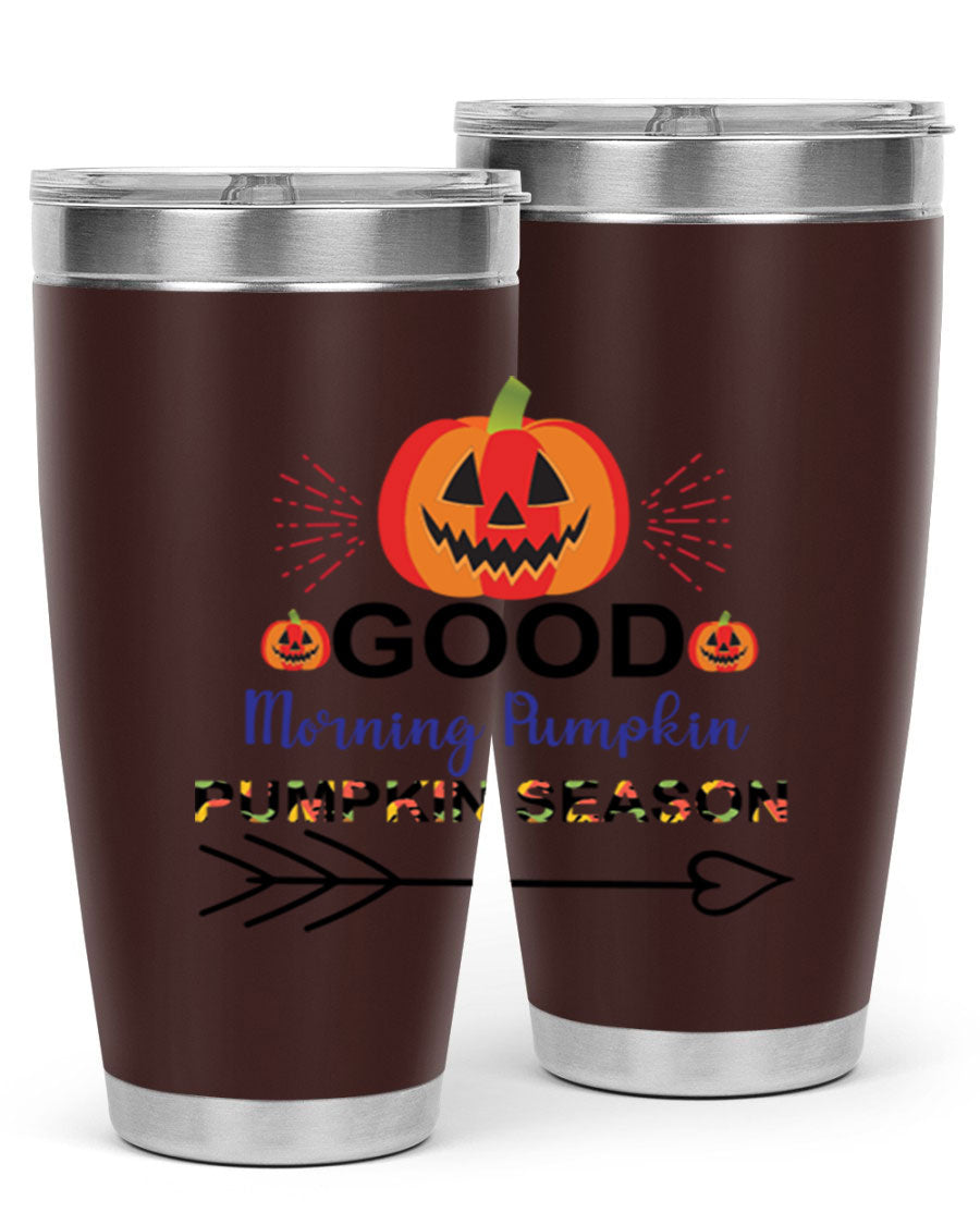 Goodmorningpumpkinpumpkinseason 210# Tumbler in vibrant fall colors, showcasing its double wall vacuum stainless steel design.