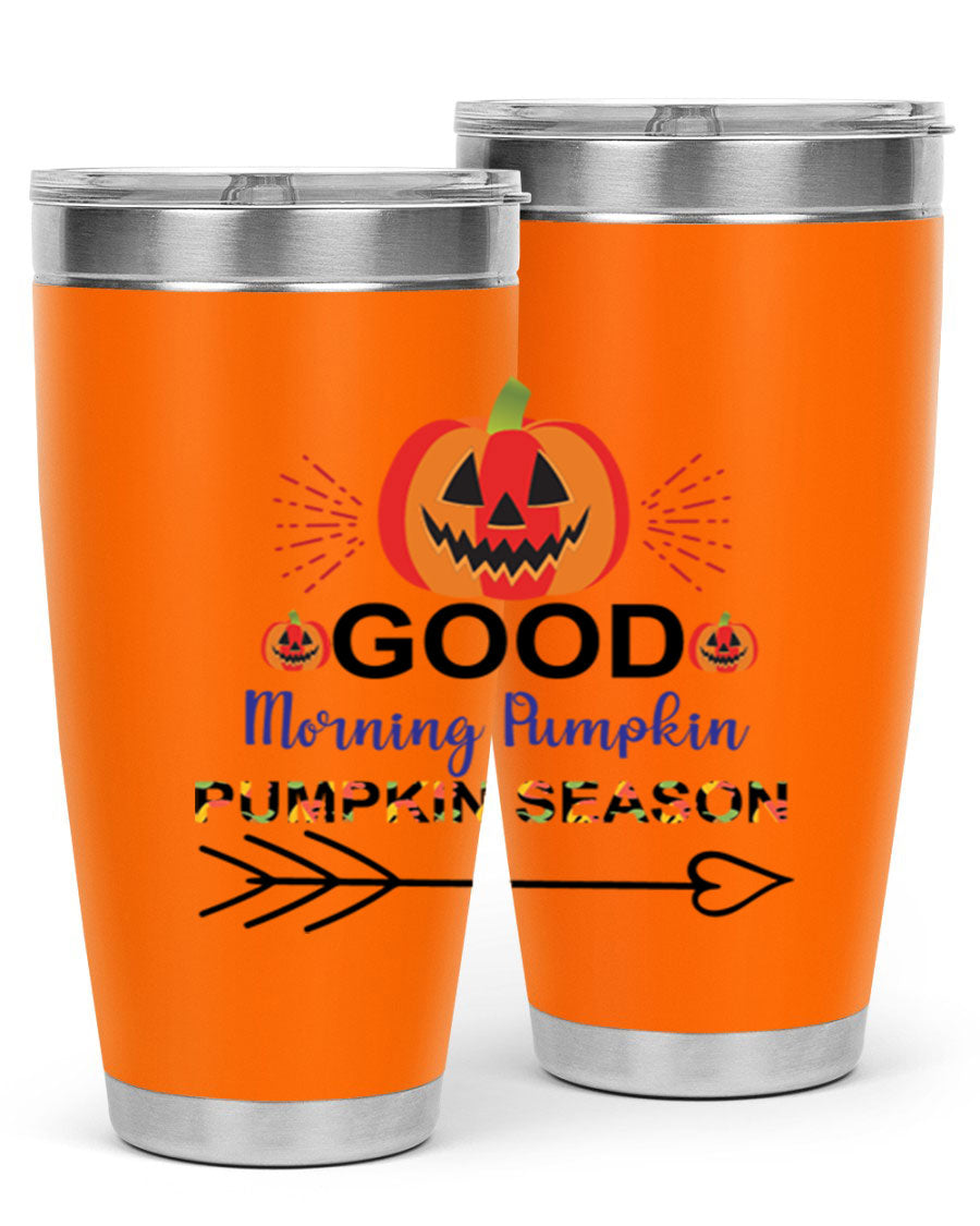 Goodmorningpumpkinpumpkinseason 210# Tumbler in vibrant fall colors, showcasing its double wall vacuum stainless steel design.