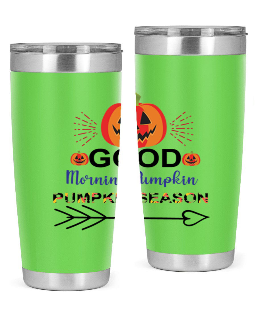 Goodmorningpumpkinpumpkinseason 210# Tumbler in vibrant fall colors, showcasing its double wall vacuum stainless steel design.