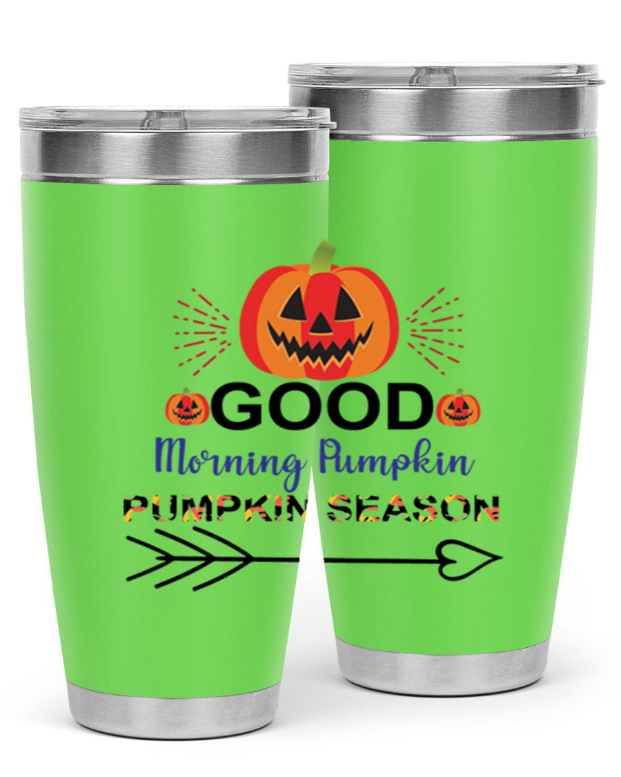 Goodmorningpumpkinpumpkinseason 210# Tumbler in vibrant fall colors, showcasing its double wall vacuum stainless steel design.