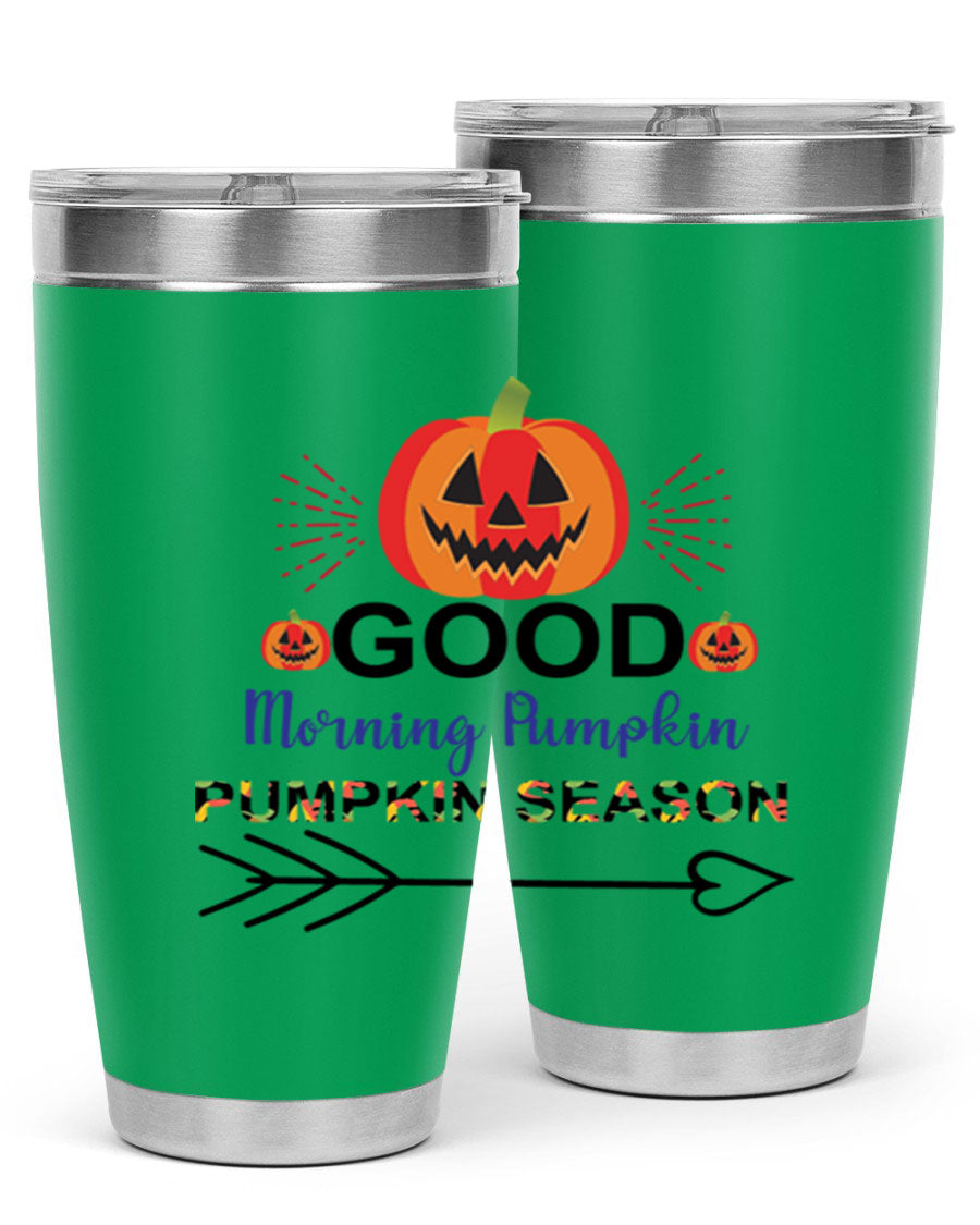 Goodmorningpumpkinpumpkinseason 210# Tumbler in vibrant fall colors, showcasing its double wall vacuum stainless steel design.