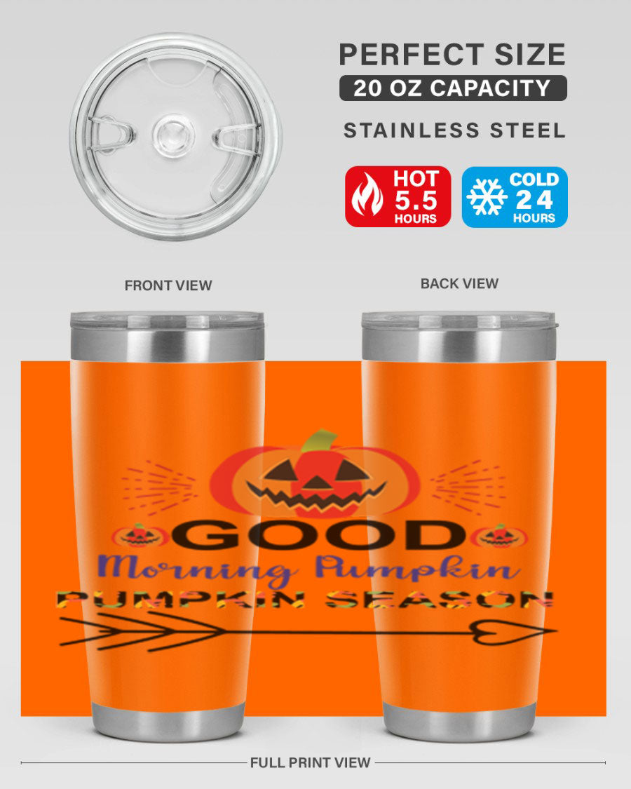Goodmorningpumpkinpumpkinseason 210# Tumbler in vibrant fall colors, showcasing its double wall vacuum stainless steel design.